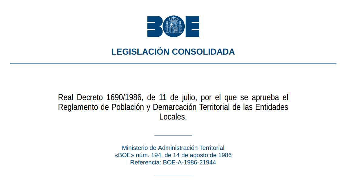 Test del Real Decreto 1690/1986, de 11 de julio, por el que se aprueba el Reglamento de Población y Demarcación Territorial de las Entidades Locales